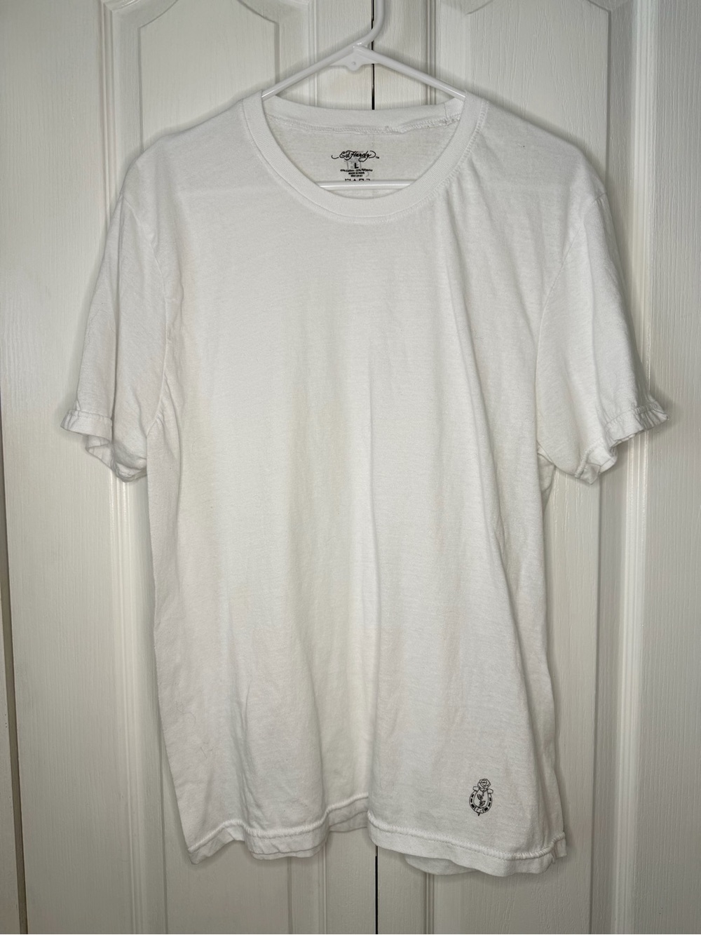 Ed Hardy Men’s Large White Crew Neck T Shirt Small Rose Horseshoe Logo Y2K